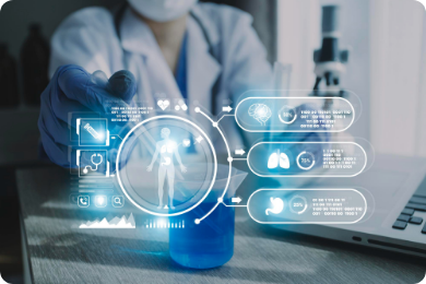 A scientist in a modern laboratory analyzes patient data on a futuristic holographic interface, symbolizing advancements in healthcare technology and medical research.