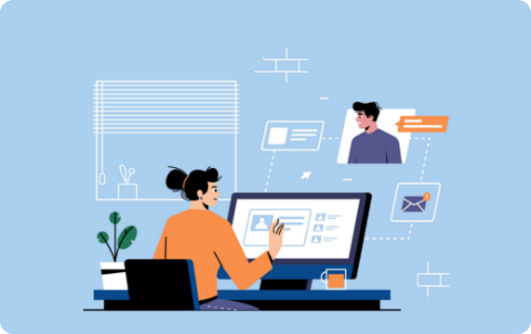 Illustration of healthcare professional using computer for digital communication and patient data exchange—representing hospital machine integration with EMR/EHR systems.