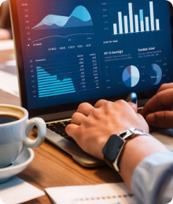 Professional analyzing financial dashboards on laptop with charts and graphs—representing AI-driven healthcare payment insights and unified billing analytics.