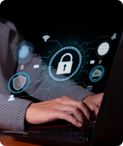 Person typing on laptop with digital padlock and cybersecurity icons—representing secure AI-powered healthcare payment systems and data protection.