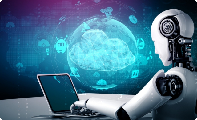 AI robot using a laptop with a digital cloud and data icons in the background—symbolizing artificial intelligence, machine learning, and cloud-based automation in medical coding.