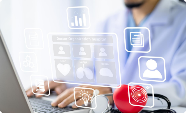 Doctor using digital healthcare CRM system with patient records, medical icons, and data analytics dashboard