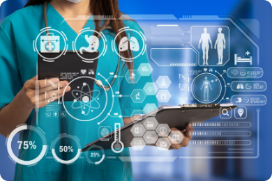 Healthcare professional using AI-driven digital health dashboard for patient monitoring and medical data analysis