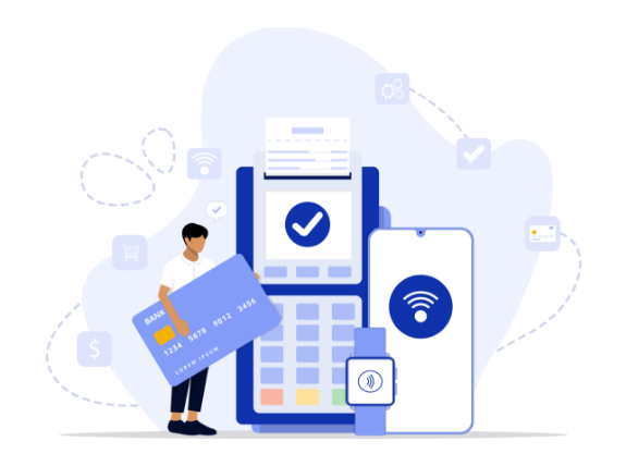 Illustration of digital payment with credit card, mobile, smartwatch, and POS terminal—showcasing AI-enabled unified healthcare payment solutions and contactless transactions.