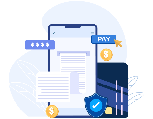 Illustration of secure mobile healthcare payment system with digital bill, credit card, and shield icon—representing AI-enabled unified payment module for hospitals and clinics.
