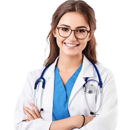 Smiling female doctor with stethoscope wearing medical coat—symbolizing trusted healthcare professional support in AI-powered medical solutions.