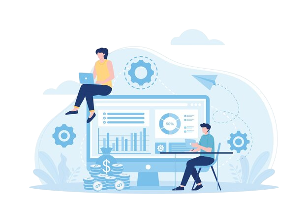 Illustration of data analytics and financial growth with people working on laptops, charts, and money stacks