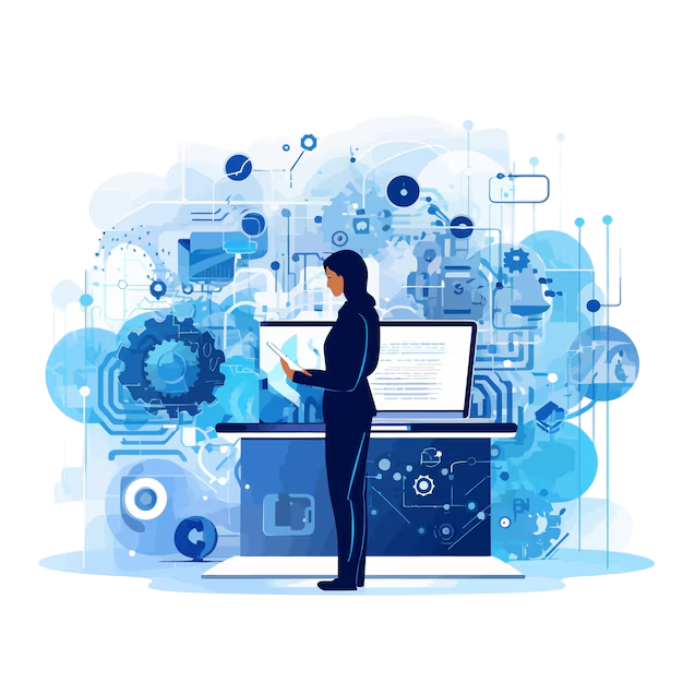 Illustration of a businesswoman analyzing data on a laptop with digital gears, charts, and technology icons representing innovation and automation