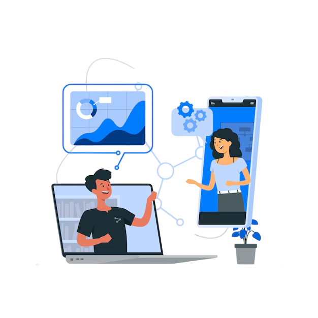 Illustration of remote teamwork with man working on laptop and woman on smartphone screen collaborating through data and charts
