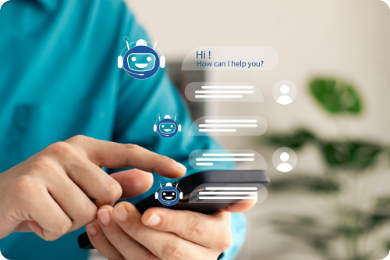 Man using conversational AI chatbot technology on a mobile device for instant customer support, enhancing user experience and engagement.